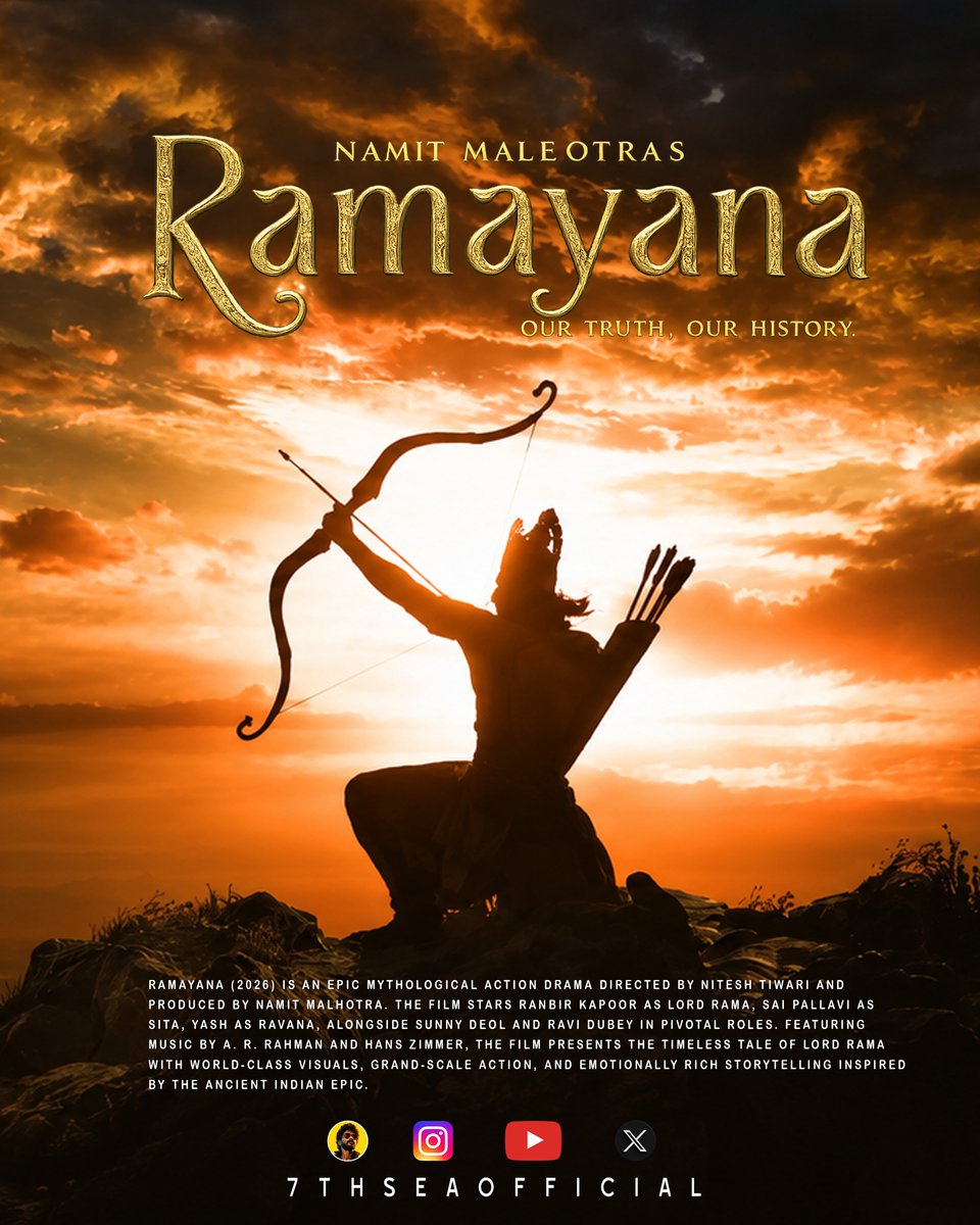 7thSeaOfficial's tweet photo. #Ramayana #Ramayanamovie #Ranbirkapoor #Yash #Saipallavi Ramayana (2026) is an epic mythological action drama directed by Nitesh Tiwari and produced by Namit Malhotra. The film stars Ranbir Kapoor as Lord Rama, Sai Pallavi as Sita, Yash as Ravana

@TheNameIsYash @Sai_Pallavi92 https://t.co/8Q9wctW5vp