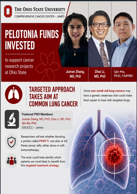 OhioStatePIIO's tweet photo. 🎯  #Precision_medicine is changing how we fight #LungCancer. @Pelotonia-funded researchers at @OSUCCC_James, including #PIIO members Drs. Junran Zhang, @Zihai Li and @QinMaBMBL, are studying a targeted strategy that could help deliver more personalized treatments. https://t.co/7g426kpB2M
