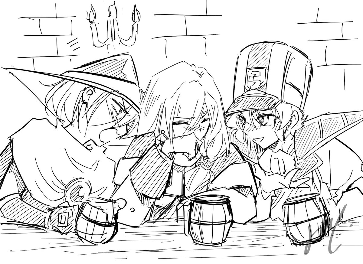 orkaki_r's tweet photo. お題『好きな3人トリオ』

昔々、「ハメルン男子会」というこんな風な絵を描いたなと思い出しながら…🥹w🍻（ライエルの横にほんとはトロンもいる🍹）

この世界線では18でも飲めたらいいね←
それか２年後かな？

#ﾊｰﾒﾙﾝ深夜の真剣お絵描き60分一本勝負 https://t.co/jOEbXAB98d