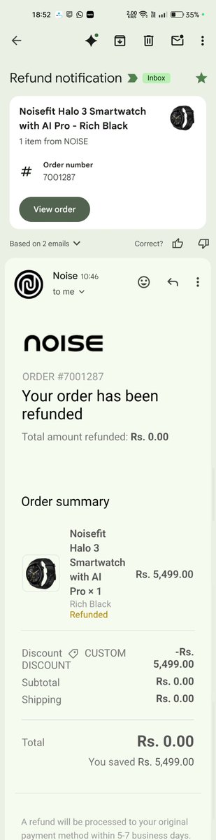 TrickiSunny's tweet photo. I ordered HALO 3 watch 
In just less than 3months got dead. And now yesterday it's now ui is Hang.
So i registered ticket 4524373
And after that I got this mail for refund. Now customer support saying we will exchange no refund.
Why this message came 
Some scam going on @gonoise https://t.co/UxgnYkndcz