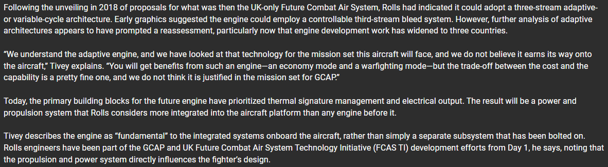 hawk_ix's tweet photo. @FennellJW Article from Aviation Week (23.04.25) quotes that adaptive cycle no longer being considered for GCAP. 
https://t.co/tG4Ljm6F6W

Possible it could change before freezing concept &amp; assessment in late 2027. Or that the engine has scope further down the line for adaptive cycle? https://t.co/Hoo8vwAsU3