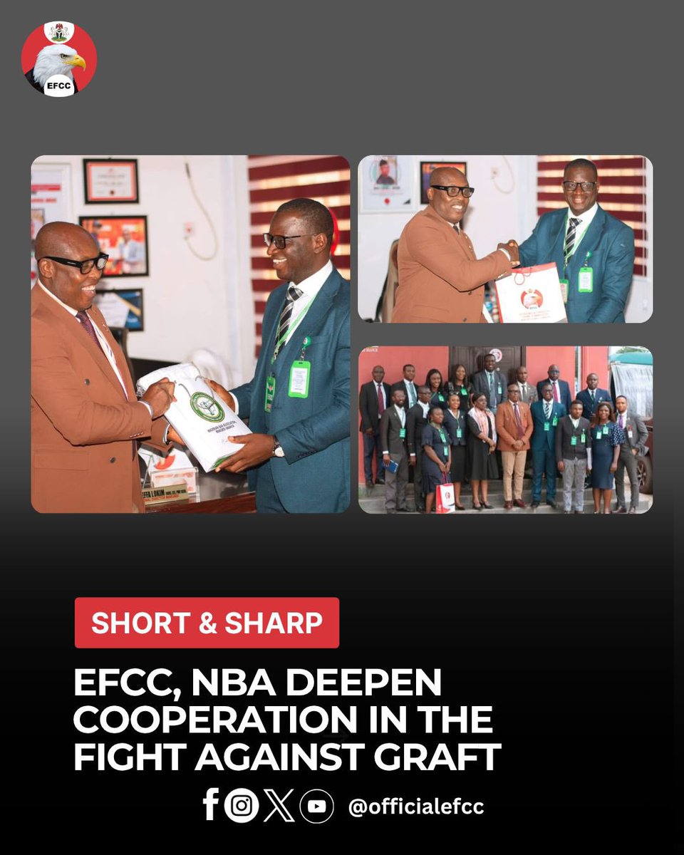 officialEFCC's tweet photo. EFCC, NBA Deepen Cooperation in the Fight against Graft

The EFCC and the  Nigerian Bar Association, NBA, have agreed to deepen existing cooperation in the fight against graft.

The agreement was reached on Wednesday, July 29, 2026, during a courtesy visit of the executive of the  Makurdi branch of the NBA, led by Barrister Joseph Gbagyo, to the Makurdi Zonal Director of the Commission, ACE I Effa Imoh Okim, in his office in Makurdi. The NBA chairman commended the existing cooperation between EFCC and Legal Practitioners in Benue State, while stating that the visit reflects shared commitment to promoting the rule of law, strengthening the administration of criminal justice system, combating financial crimes and advancing accountability and transparency. Visit https://t.co/X42MHgyeYD for details and more stories.