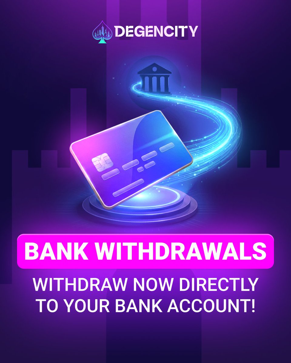 degencity's tweet photo. Direct Bank Deposits with Giftcards &amp; Withdrawals straight to your bank, are now LIVE on Degencity!

You can find them in your wallet under Deposit and Withdraw! https://t.co/xMzPMkAUMj