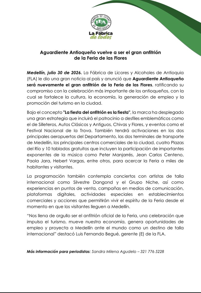 flaenlinea's tweet photo. #Comunicado | Aguardiente Antioqueño vuelve a ser el gran anfitrión de la Feria de las Flores https://t.co/1FWpaKR3I0