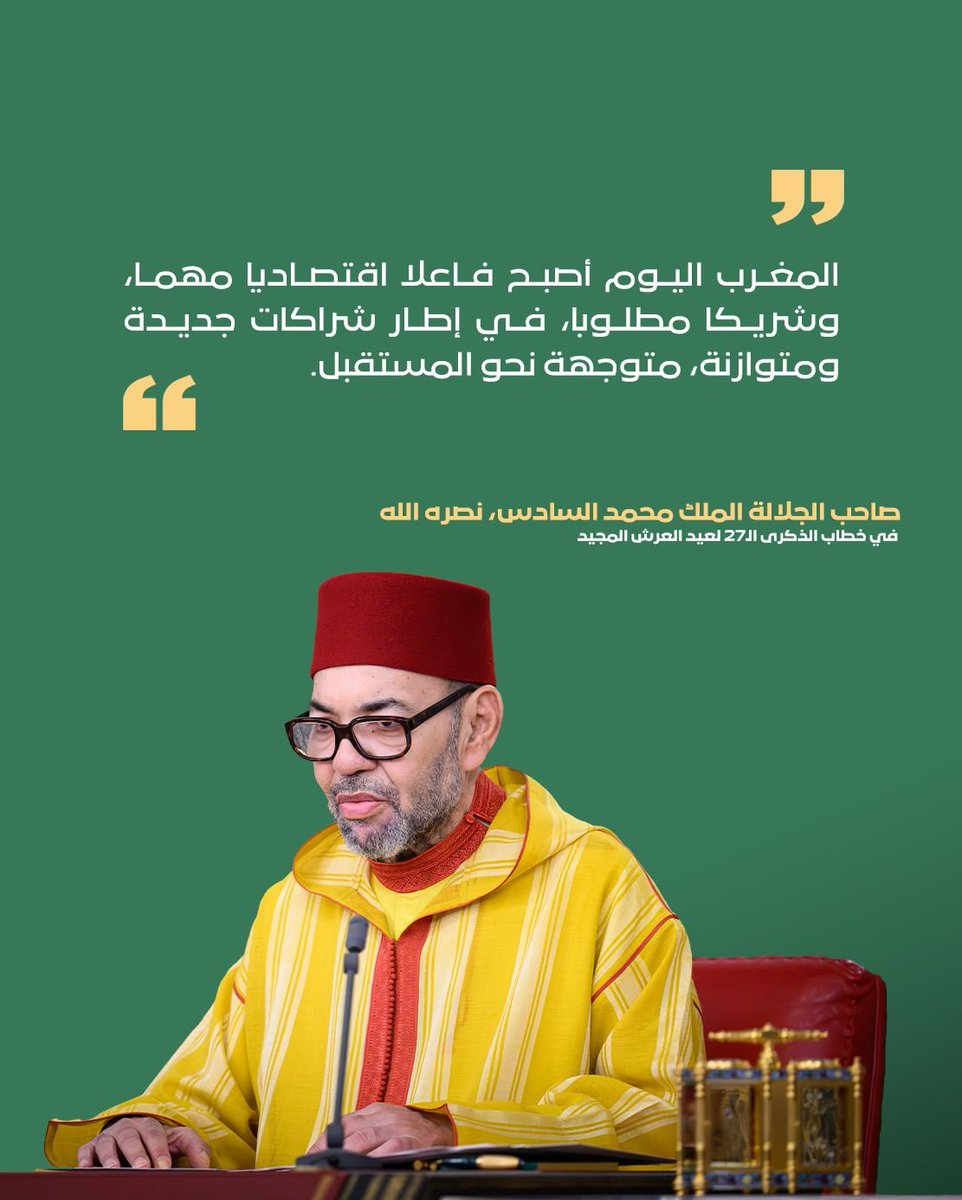 ChefGov_ma's tweet photo. أكد جلالة الملك محمد السادس، نصره الله، في خطابه السامي بمناسبة الذكرى السابعة والعشرين لعيد العرش المجيد، أن المغرب يواصل ترسيخ حضوره كقوة اقتصادية صاعدة وشريك دولي موثوق، في إطار رؤية قائمة على شراكات متوازنة وآفاق مستقبلية. https://t.co/HeiffQh1nc