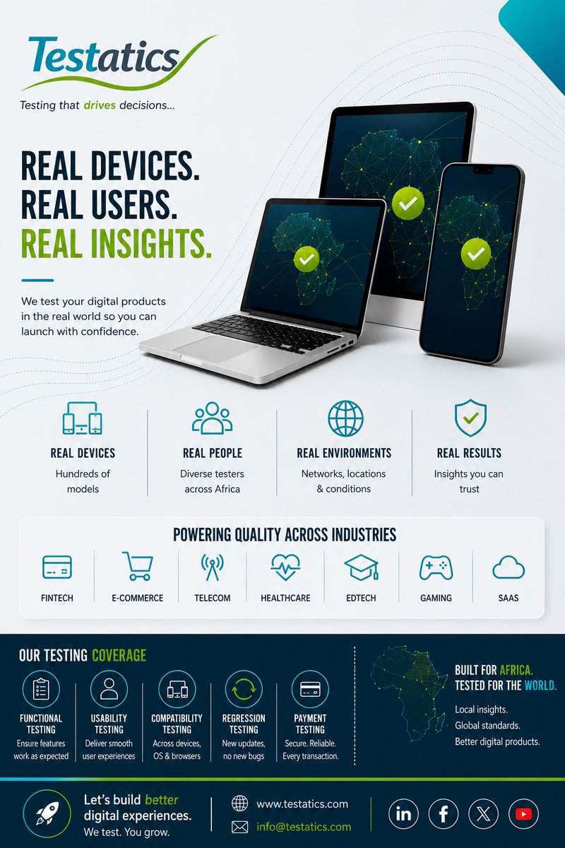 Testatics's tweet photo. Your customers won’t use the same device, network, or environment. 
Why should your testing?

Testatics delivers real-world testing across real users, real devices, and real conditions so you can launch with confidence.

Testing that drives decisions.
#SoftwareTesting #TechAfrica https://t.co/7j431spyPe