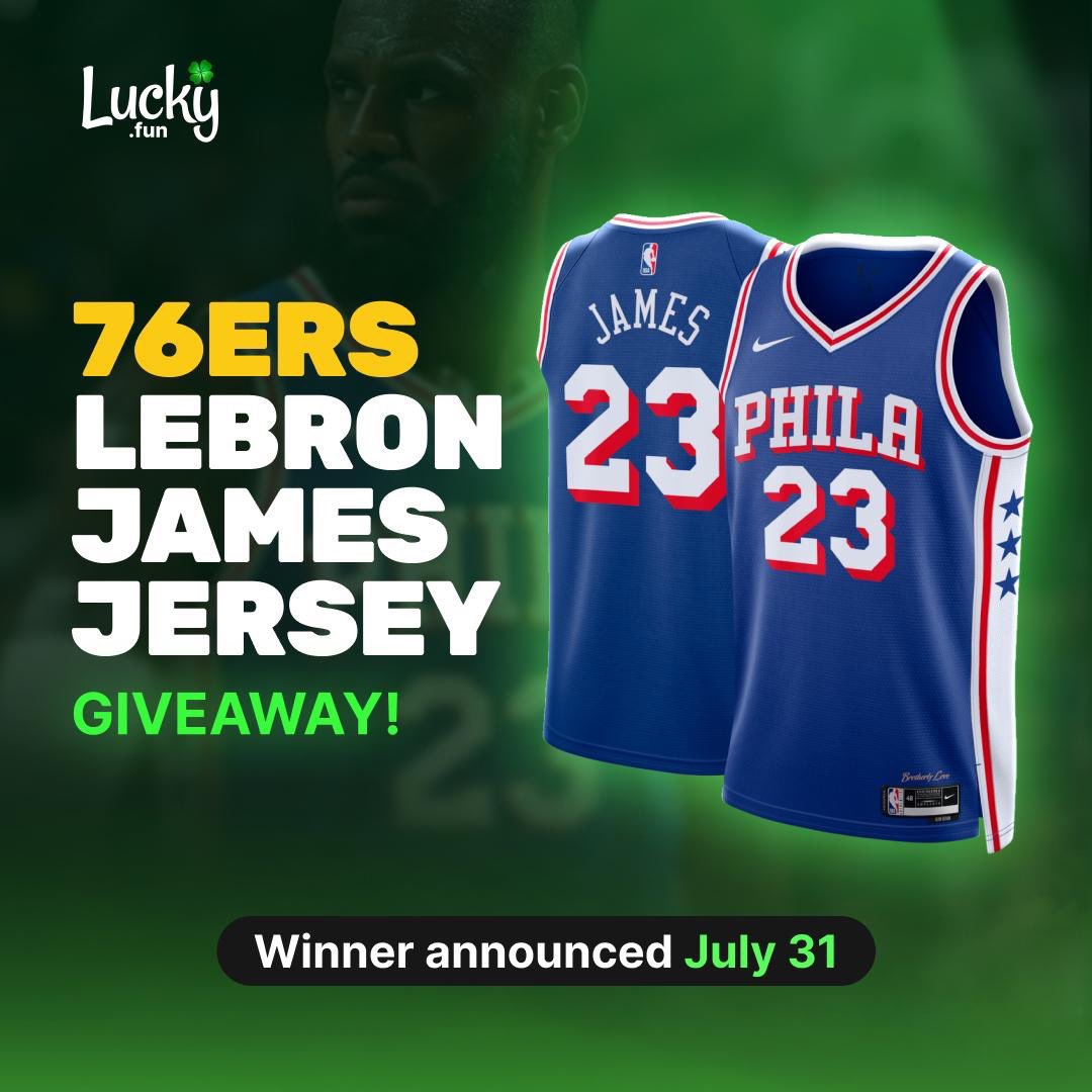 luckyfun's tweet photo. We're giving away 76ers LeBron James jersey 

- Like + Retweet the post below 👇
- Tag 2 friends 👥
- Sign up your Lucky account with link below & comment your user 

Bonus entry: Turn notifications on & show proof (@luckyfun & @luckyfunhoops) 

Announcing winners on 7/31, good luck! 🍀