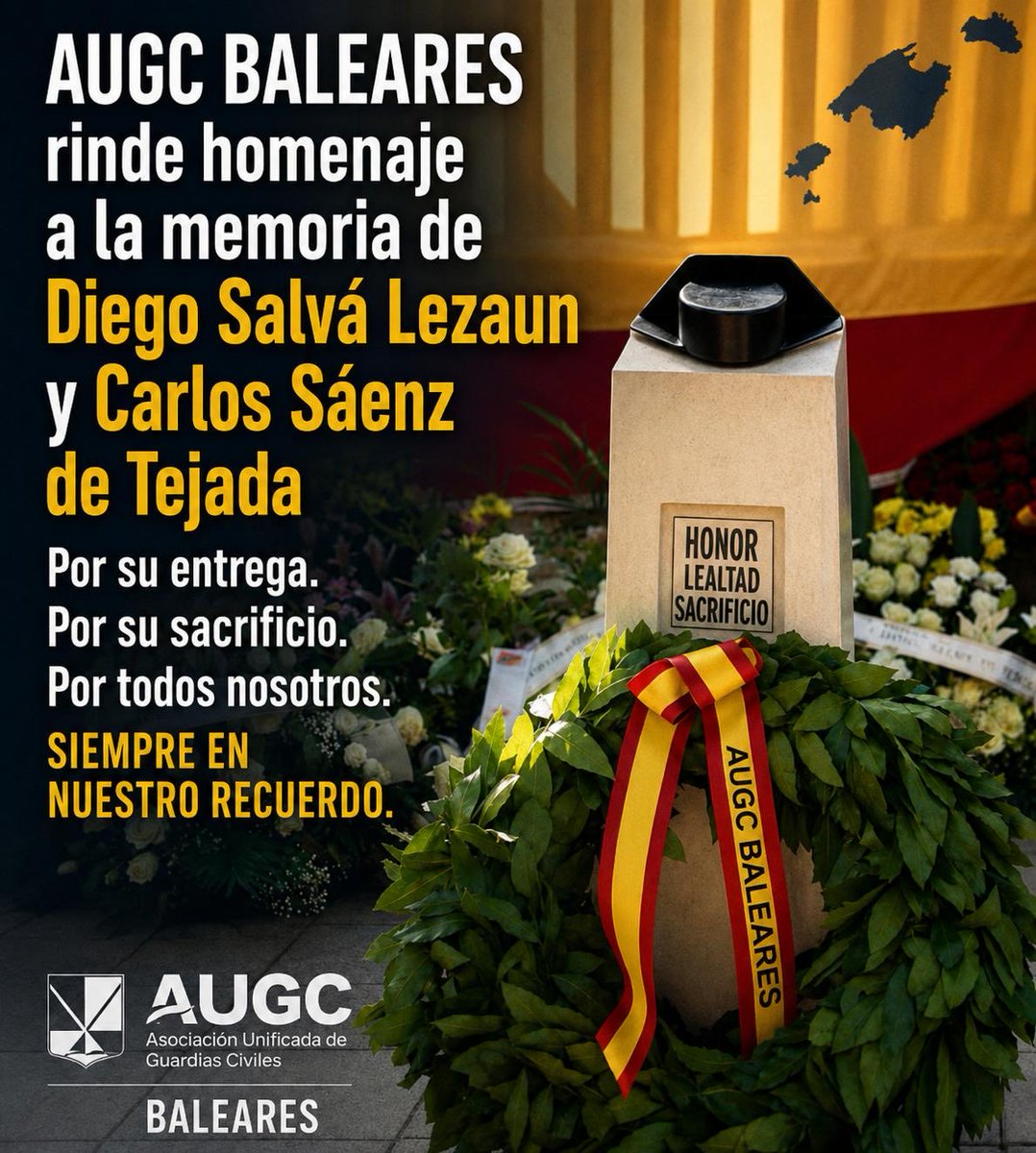 SGP_BALEARES's tweet photo. Hoy hemos participado en el emotivo acto de homenaje a Diego Salvá Lezaun y Carlos Sáenz de Tejada, guardias civiles asesinados por ETA en Palmanova el 30 de julio de 2009. https://t.co/4QMOS3Ote7