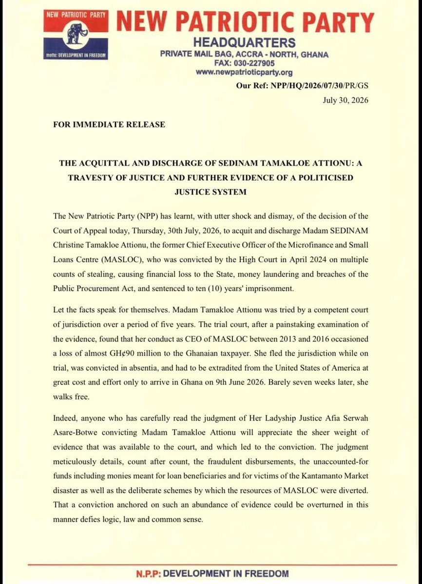 NPP_GH's tweet photo. For Immediate Release

The Acquittal and Discharge of Sedina Tamakloe-Attionu: A Travesty of Justice and Further Evidence of a Politicized Justice System. https://t.co/VrdHZQTOvN