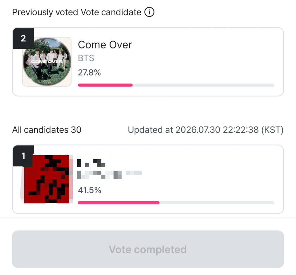 SUGAIndoFanbase's tweet photo. 🗳 MNET PLUS - Billboard Korea Fan Choice Music (5th Week of July)

Teman-teman, bantu vote lagu 'COME OVER' yuk 🙏🏻 ​Kita punya 10x kesempatan vote setiap hari. Saat ini kita ada di posisi kedua dan cuma selisih 14% dari peringkat pertama.

Hanya nomor 1 yang akan diumumkan di website resmi dan mendapatkan konten promosi khusus di media sosial Billboard Korea. SEMANGAT! 🫶

🔗 https://t.co/EEcwiSrc6m
⏱️ 02 Agustus 2026 (22:00 WIB)

#BTS #COMEOVER #BillboardKorea #MnetPlus