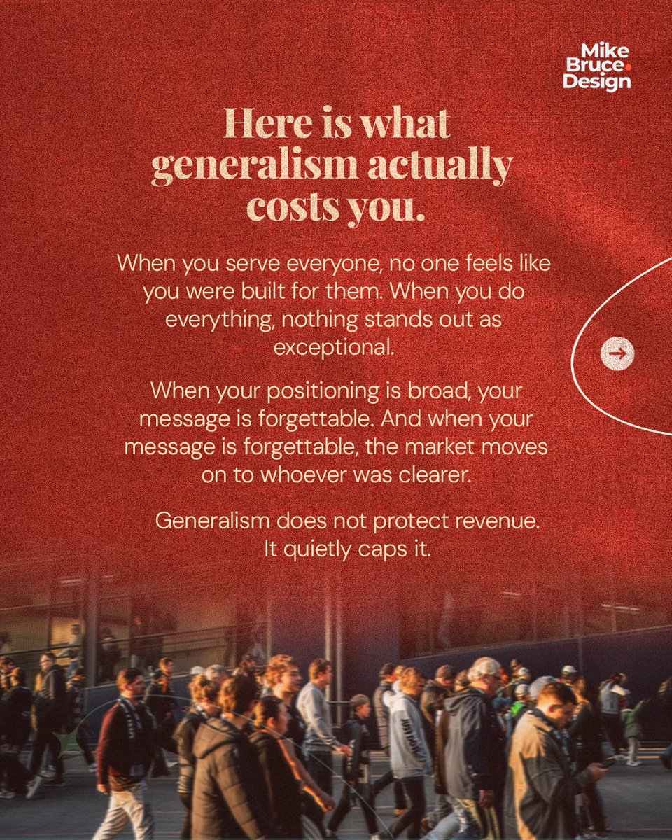 MikeBruceDesign's tweet photo. “We do it all.”

Sounds impressive.
But to the right client… it’s a red flag.

Because when you try to speak to everyone,
you end up resonating with no one.

The most expensive mistake in business isn’t bad design…
it’s lack of focus. https://t.co/s9stf8GvAY