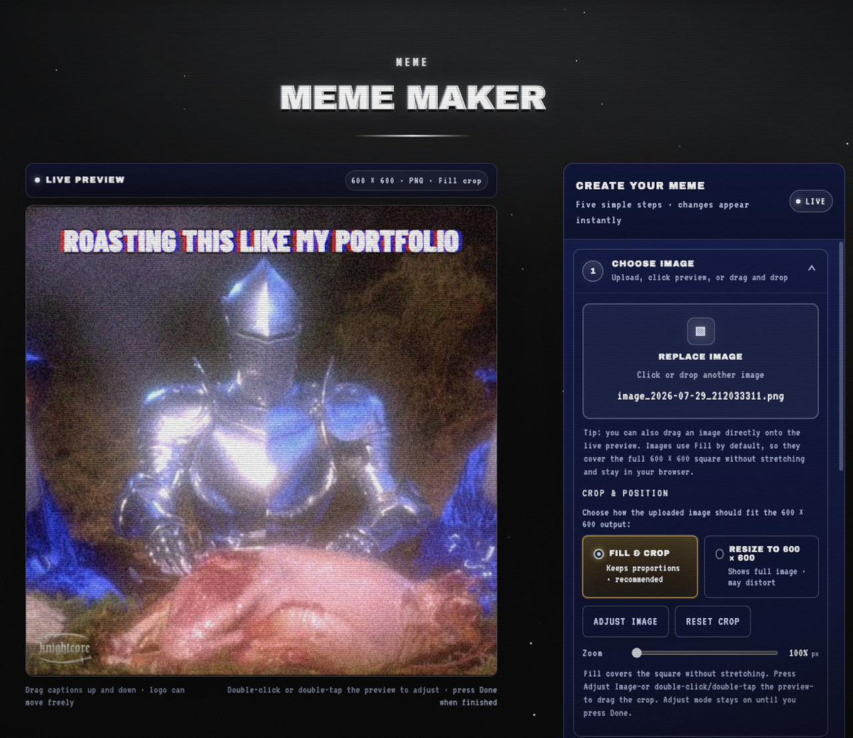 knightcore___'s tweet photo. Our newest meme generator is now live on our website!

https://t.co/n7I6QTRGYO

All you need to do is upload an image and it automatically makes it a knight core style meme.

Tons of different settings to generate a knight core meme, super easy and simple!

Try it out and make a meme for the guild!

post your results in the comments ⚔️
