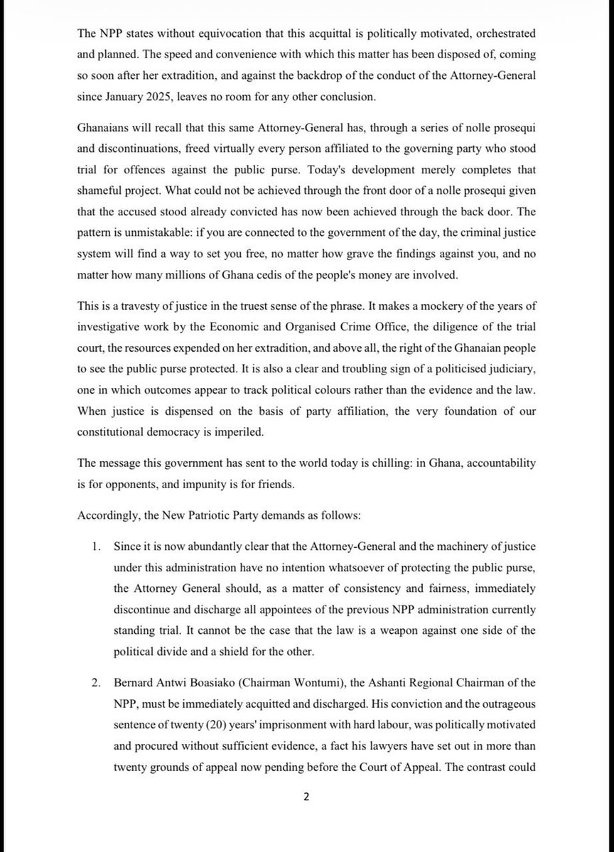 NPP_GH's tweet photo. For Immediate Release

The Acquittal and Discharge of Sedina Tamakloe-Attionu: A Travesty of Justice and Further Evidence of a Politicized Justice System. https://t.co/VrdHZQTOvN