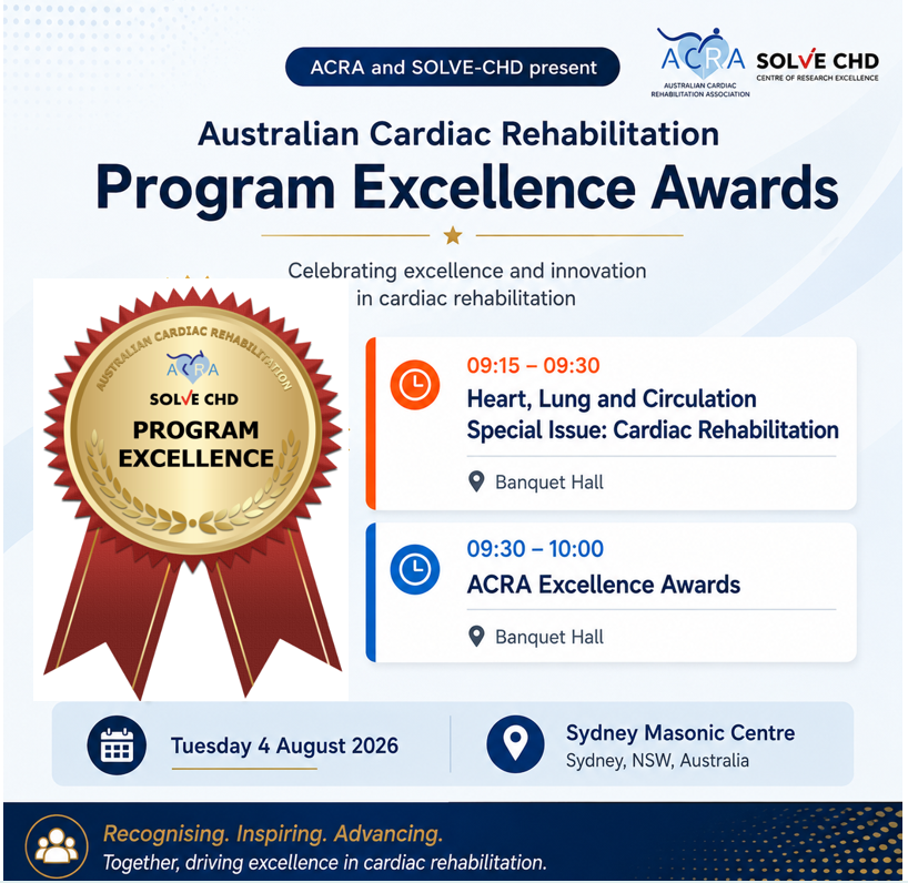SOLVECHD's tweet photo. Join us at #ACRA2026 as we celebrate excellence in cardiac rehabilitation at the Australian Cardiac Rehabilitation Program Excellence Awards.
📍 Sydney Masonic Centre
🗓️ 4 Aug 2026
🕘 9:15 Heart, Lung and Circulation Special Issue
🕤 9:30 Program Excellence Awards
See you there! https://t.co/M9TlauhuHs