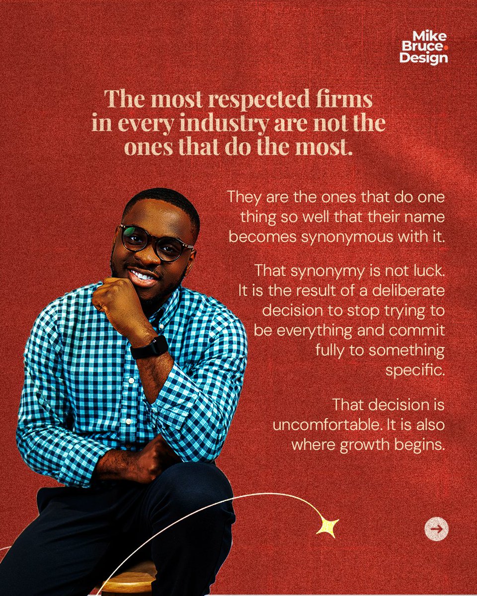 MikeBruceDesign's tweet photo. The brands that win aren’t the ones that offer everything, 
they’re the ones known for one thing.

Clear. Specific. Undeniable.

So the real question is:

What do you want to be known for?

Because until you can answer that...
“We do it all” is costing you more than you think. https://t.co/Po4gYQyH8t