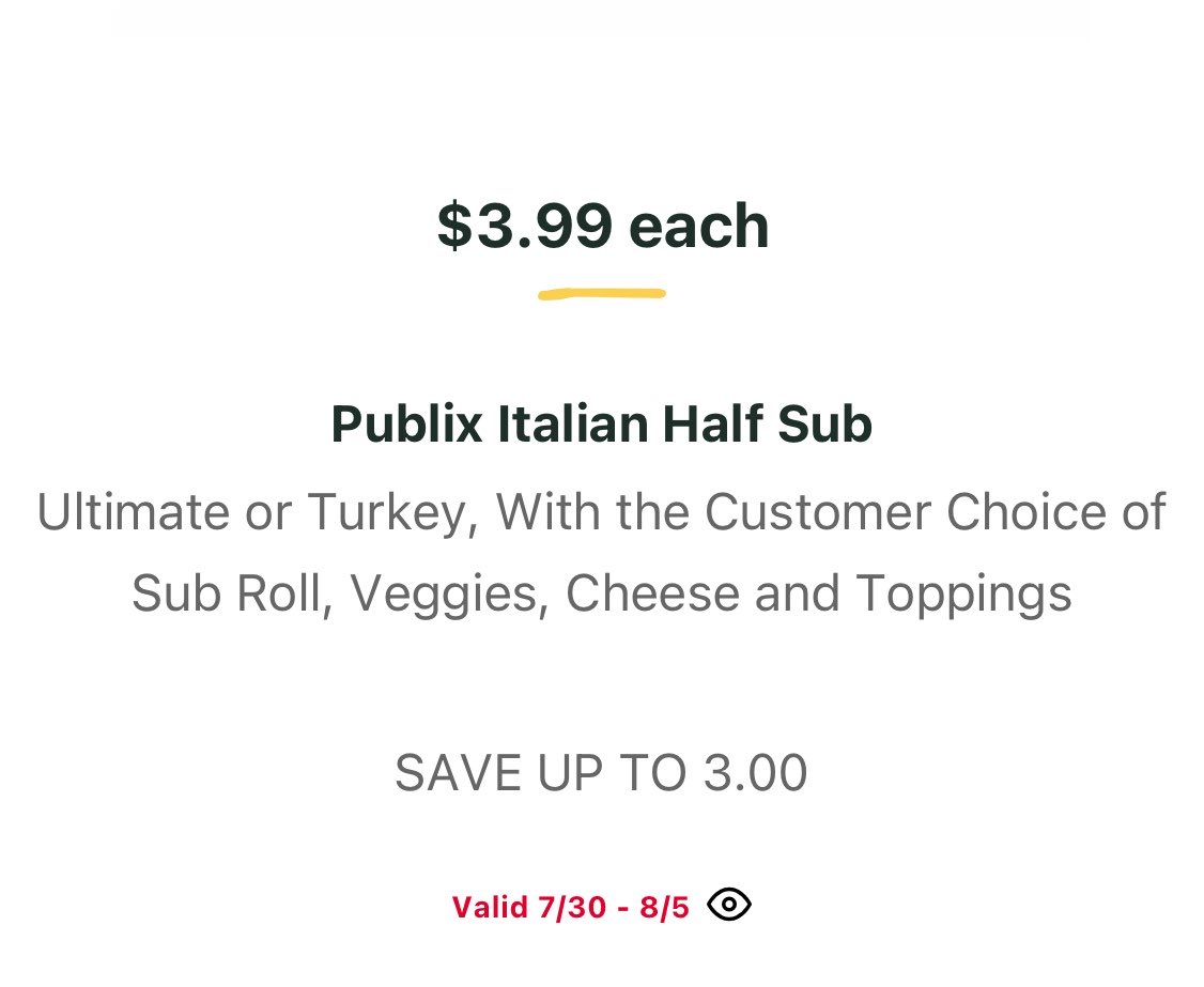 PubSubs_on_sale's tweet photo. PUBLIX SUBS FOR LESS THAN $5

Publix 6” Italian, Turkey and Ultimate subs are $3.99 each (7/30-8/5). https://t.co/R3nkqjaEcD