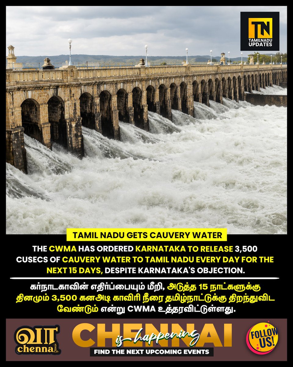 TN_Updates_'s tweet photo. Karnataka has maintained that it is facing water scarcity due to poor rainfall and has indicated it will explore legal options, while Tamil Nadu welcomed the decision, saying it is essential to meet irrigation needs in the Cauvery delta. @TN_Updates_ 

TamilNadu#Karnataka#water https://t.co/TRCBRnATC1