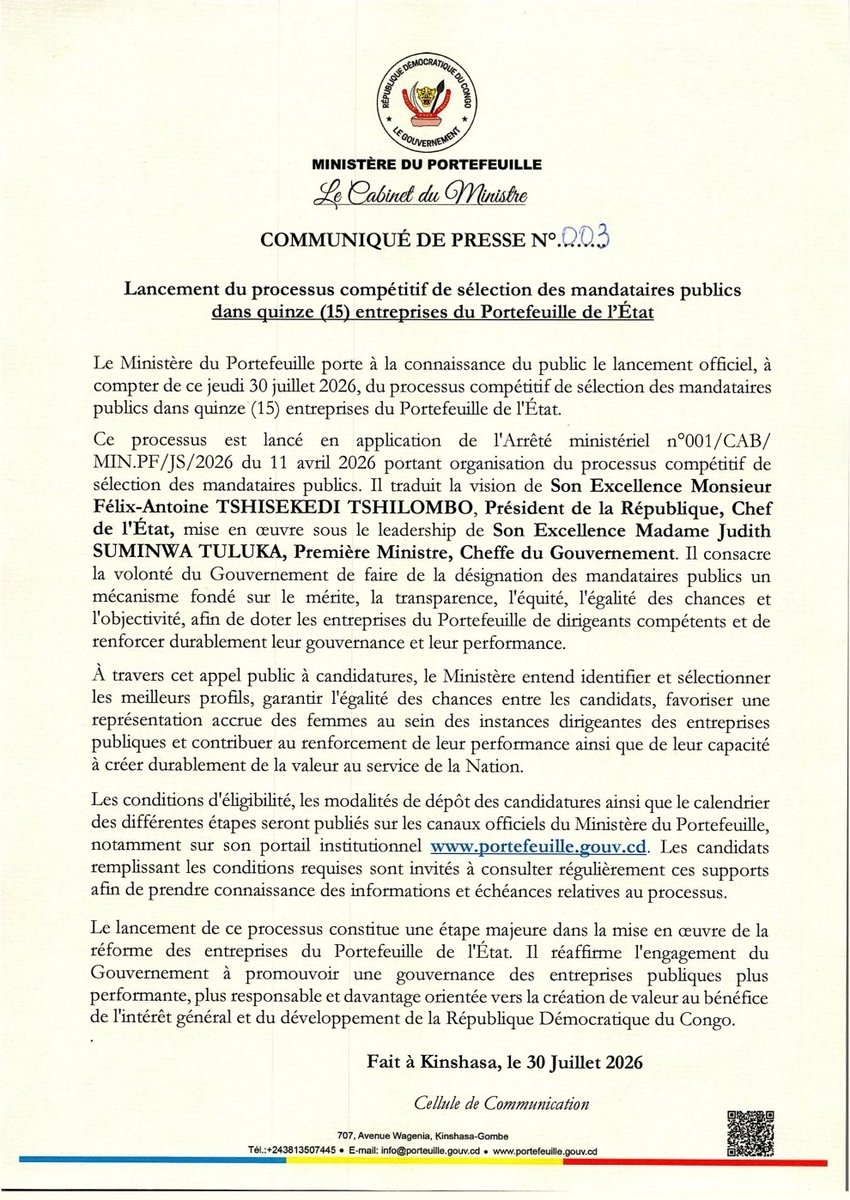 portefeuille_cd's tweet photo. #PORTEFEUILLE_RDC | 30.07.26 - COMMUNIQUÉ DE PRESSE 
Lancement du processus de sélection méritocratique des mandataires publics dans quinze (15) entreprises du Portefeuille de l'État https://t.co/nSzY4vA2U9