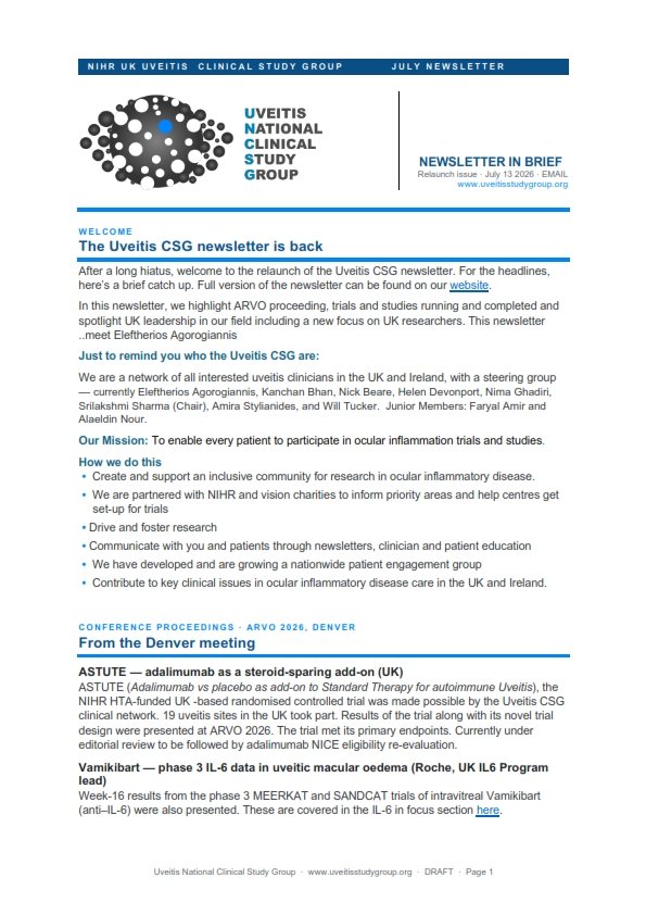 UveitisCSG's tweet photo. 👁️🔬 The July NIHR UK Uveitis Clinical Study Group newsletter ⬇️
Our mission: to enable every eligible patient to participate in ocular inflammation trials and studies across the UK and Ireland.
https://t.co/mvW9taOkQN
#Uveitis #Ophthalmology #ClinicalTrials #EyeResearch #NIHR https://t.co/CDSNMRM2yB