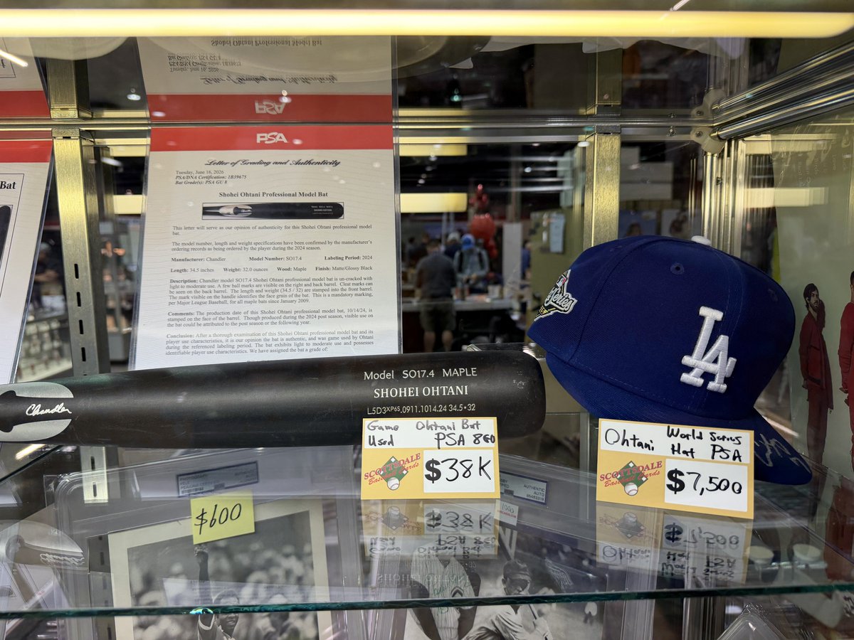 Teamsets4u's tweet photo. Shohei Ohtani Game Used Bat PSA GU8 #PSADNA and Autographed World Series Hat  Available at the National Card Show in Chicago by Scottsdale Cards.  Booths 712/718 near the main entrance #nscc26 #PSA #TheNational #HobbyChristmas #Dodgers @Chandlerbats #Sportsmemorabilia #nsccshow https://t.co/Pnj20j9FXJ
