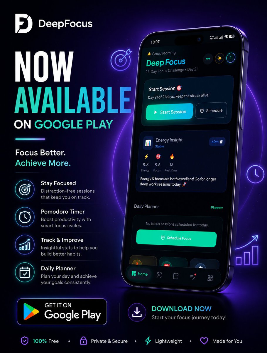 SANZOX26's tweet photo. 🚀 DeepFocus is now LIVE on Google Play!

Beat distractions. Stay focused. Get things done.

📲 Download:
https://t.co/eBLKjMGCwP

Your feedback and reviews mean a lot! 💜

#DeepFocus #Productivity #Pomodoro #Android #GooglePlay https://t.co/2HmCNMA13k