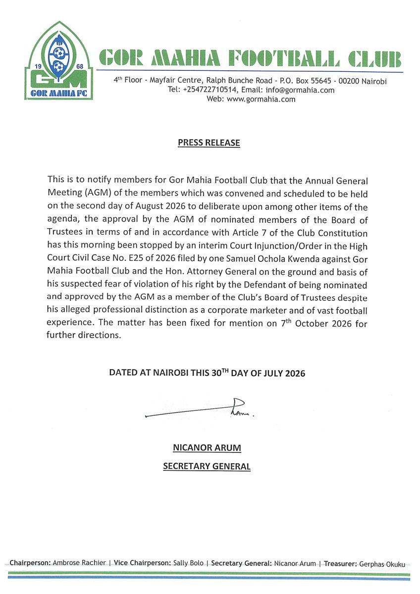 OfficialGMFC's tweet photo. 🟢 |  𝐔𝐏𝐃𝐀𝐓𝐄 

Court issues interim orders halting the planned AGM scheduled for August 2, 2026; matter to be mentioned on October 7, 2026.

#Sirkal  | #SportPesaNaGor https://t.co/5mGVWuqT1n