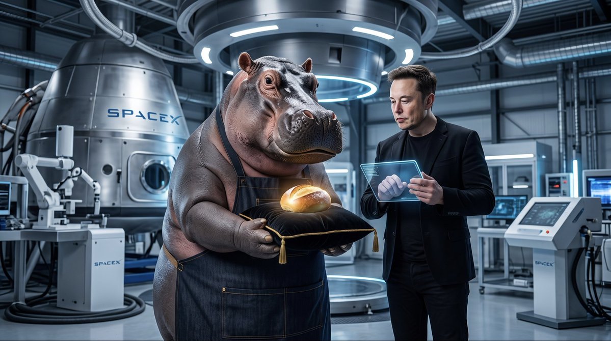alpaitrade's tweet photo. Elon: "Liquid oxygen won't be enough to reach Mars."

$BROTCHEN: "Try this." 🍞🦛

SpaceX is officially upgrading its fuel source. When the brightest minds need real energy, they call the hippo. Next stop: Mars. 🚀🔴 #brötchen @elonmusk https://t.co/wUF5ouG209