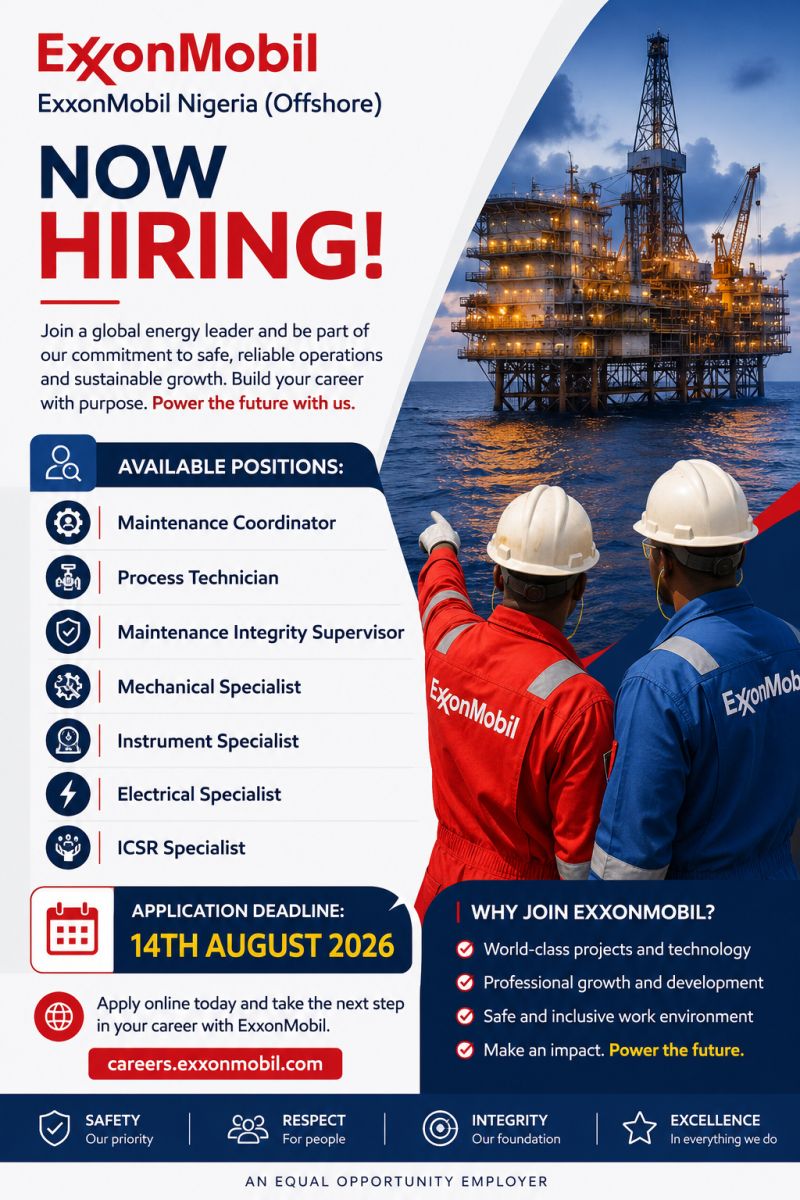 oluwagbemigaptr's tweet photo. 🚨 Oil & Gas Career Opportunity | ExxonMobil Nigeria (Offshore)

If you're looking to build or advance your career in the oil and gas industry, this opportunity might be for you.

Available Positions:
✅ Maintenance Coordinator
✅ Process Technician
✅ Maintenance Integrity Supervisor
✅ Mechanical Specialist
✅ Instrument Specialist
✅ Electrical Specialist
✅ ICSR Specialist

Requirements:
• HND/B.Sc. in Engineering
• Must be a Nigerian citizen
• Must have completed NYSC

📌 Application:
https://t.co/4DZ9uzSdDm

⏳ Deadline: 14th August, 2026

Share with someone seeking opportunities in the oil and gas industry.