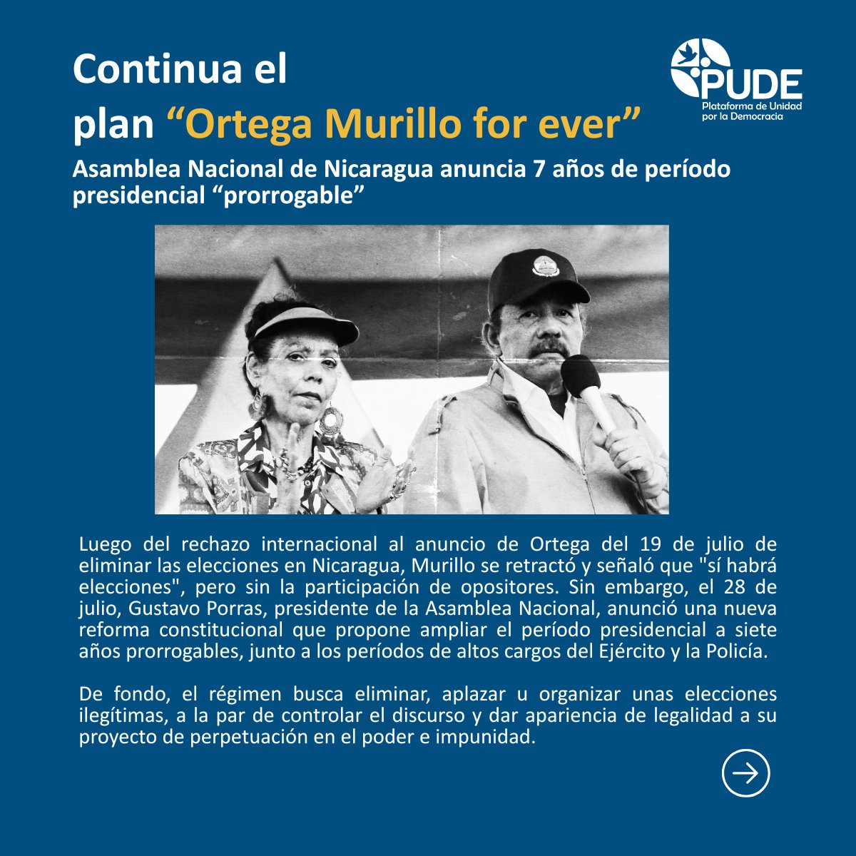 pudenicaragua's tweet photo. Frente al rechazo mundial al anuncio de Ortega de eliminar las elecciones, los cambios de narrativa del régimen y el anuncio de reformas para extender el período presidencial actual, desde PUDE seguiremos exigiendo elecciones libres, soberanas y observables.
#EleccionesNicaragua https://t.co/zHxr7Jk6w7