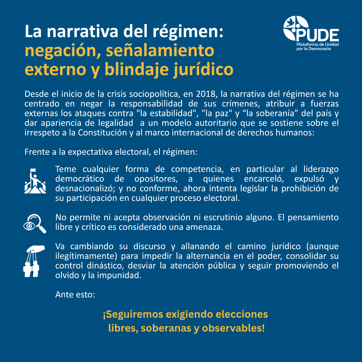 pudenicaragua's tweet photo. Frente al rechazo mundial al anuncio de Ortega de eliminar las elecciones, los cambios de narrativa del régimen y el anuncio de reformas para extender el período presidencial actual, desde PUDE seguiremos exigiendo elecciones libres, soberanas y observables.
#EleccionesNicaragua https://t.co/zHxr7Jk6w7