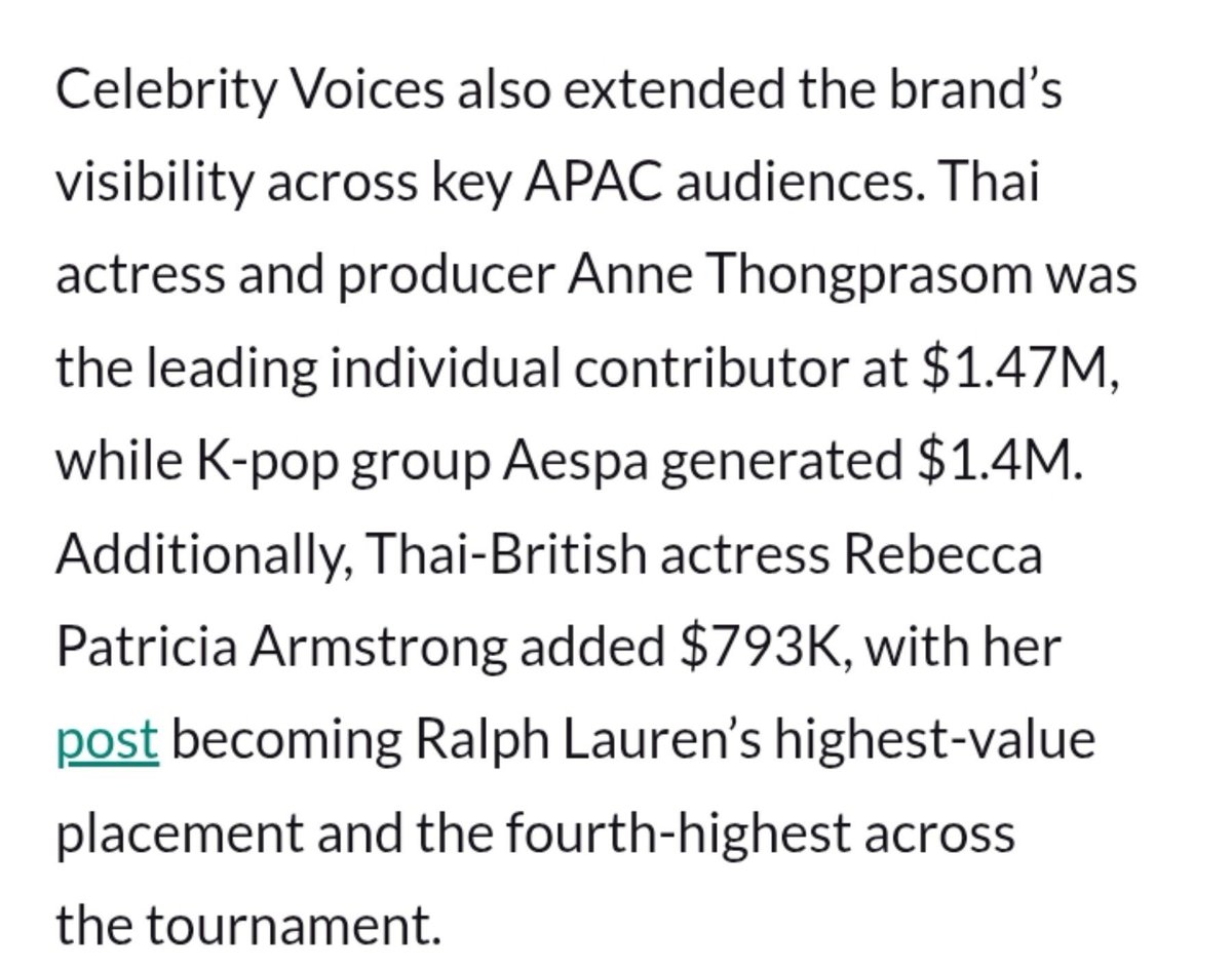 fakejenniestann's tweet photo. “Thai-British actress Rebecca Patricia Armstrong added $793K, with her post becoming Ralph Lauren’s highest-value placement and the fourth-highest across the tournament.”

and she's not even there 😂 https://t.co/lWM9gISh2j
