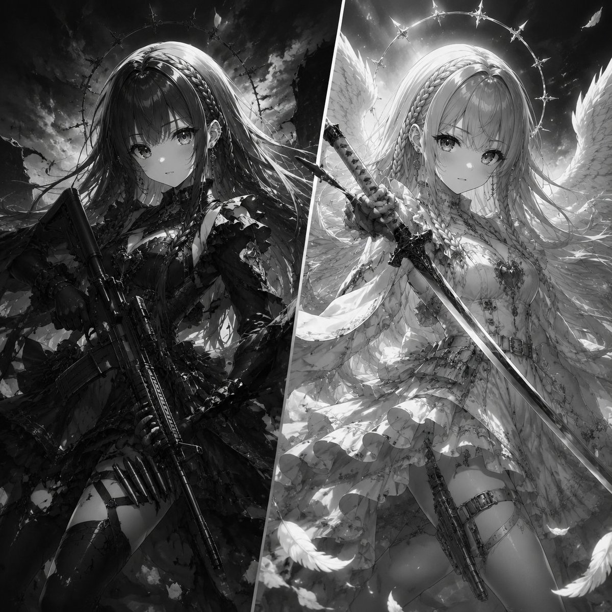 ruby_star_718's tweet photo. #AIモノクロでゴー 

陰と陽をやってみた
銃と剣ですな https://t.co/qbWmWoSoBa