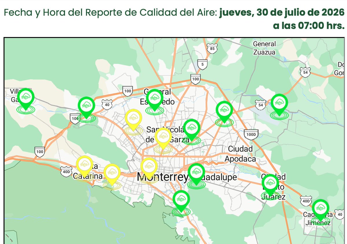 MauroMoralesMtz's tweet photo. De 25˚ a 27˚ en #Monterrey al inicio de la jornada que será calurosa de 37˚ a 38˚ con cielo medio nublado. 5 estaciones marcan #Aceptable y 10 marcan #Buena. Siguen las lluvias en la costa del Pacífico. #Genevieve a casi 1,300 Km lejos de México. https://t.co/HTVKU5QBjJ