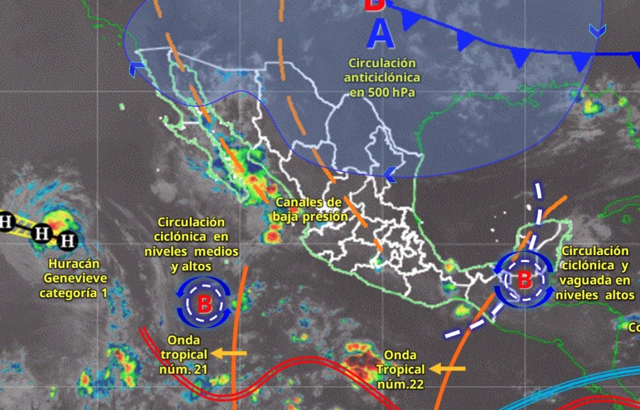 MauroMoralesMtz's tweet photo. De 25˚ a 27˚ en #Monterrey al inicio de la jornada que será calurosa de 37˚ a 38˚ con cielo medio nublado. 5 estaciones marcan #Aceptable y 10 marcan #Buena. Siguen las lluvias en la costa del Pacífico. #Genevieve a casi 1,300 Km lejos de México. https://t.co/HTVKU5QBjJ