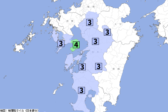 p2pquake's tweet photo. 【震度速報】07/30 22:47頃 震度4 [震度4]長崎県島原半島 [震度3]長崎県南西部、福岡県筑後、熊本県阿蘇、熊本県熊本、熊本県球磨、熊本県天草・芦北、鹿児島県薩摩  https://t.co/qxeK9T5TyQ https://t.co/UrAMVsZFwg