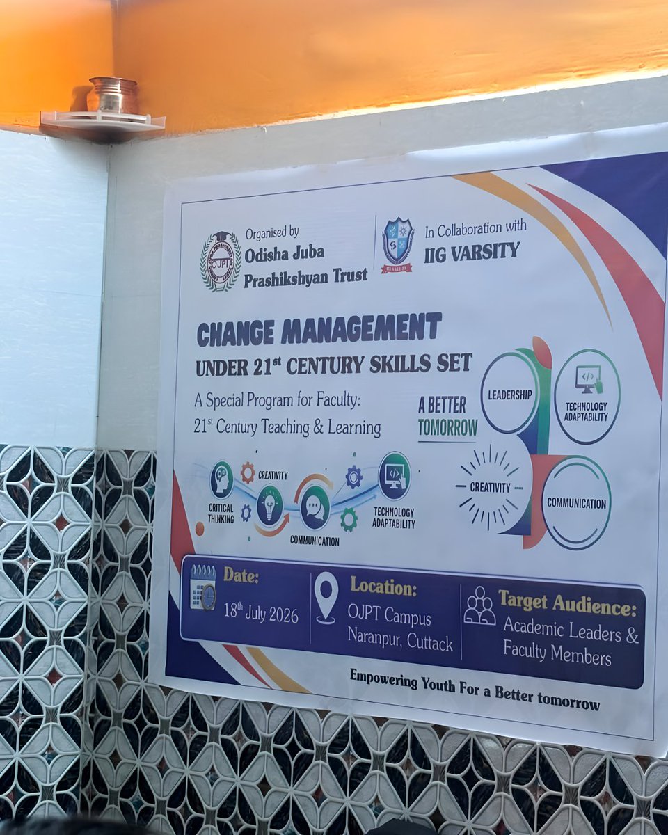 OJPTrust's tweet photo. At OJPT Academy, learning never stops not even for our faculties.

Our teaching team participated in an insightful training session on "𝗖𝗵𝗮𝗻𝗴𝗲 𝗠𝗮𝗻𝗮𝗴𝗲𝗺𝗲𝗻𝘁 𝘂𝗻𝗱𝗲𝗿 𝘁𝗵𝗲 𝟮𝟭𝘀𝘁 𝗖𝗲𝗻𝘁𝘂𝗿𝘆 𝗦𝗸𝗶𝗹𝗹 𝗦𝗲𝘁", conducted by the 𝗜𝗜𝗚 𝗩𝗮𝗿𝘀𝗶𝘁𝘆 𝗚𝗿𝗼𝘂𝗽. The session focused on adapting to modern educational practices, strengthening leadership, enhancing communication and preparing educators to guide students in an ever evolving world.....

By continuously upgrading our faculty's skills, we ensure that every student at OJPT Academy receives quality guidance, practical knowledge and future ready mentorship.

Together, we learn, adapt and inspire the next generation of leaders......

🌐https://t.co/KlQvTKDUYm

#ojptacademy #ojpt #bhubaneswar #cuttack #facultydevelopment #21stcenturyskills #changemanagement #teachertraining #professionaldevelopment #education #futureleaders #leadership #lifelonglearning #odisha #skilldevelopment #studentsuccess #learning #empowerment #explorepage #foryoupage #foryou #growth