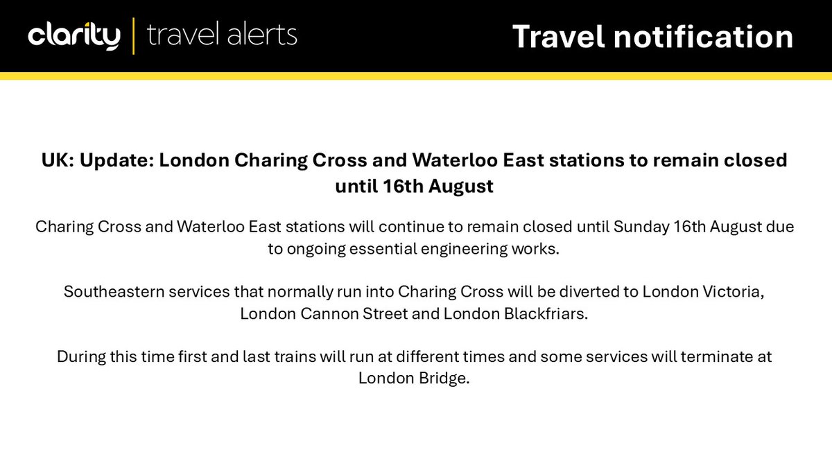 Clarity_BT's tweet photo. #Clarity advise travellers to check the status of their journey using the #NationalRail Enquiries real-time Journey Planner prior to departing for the station, and to allow additional time to reach their destination. UK #Rail #London #CharingCross #Waterloo https://t.co/F7qb8WIWvy