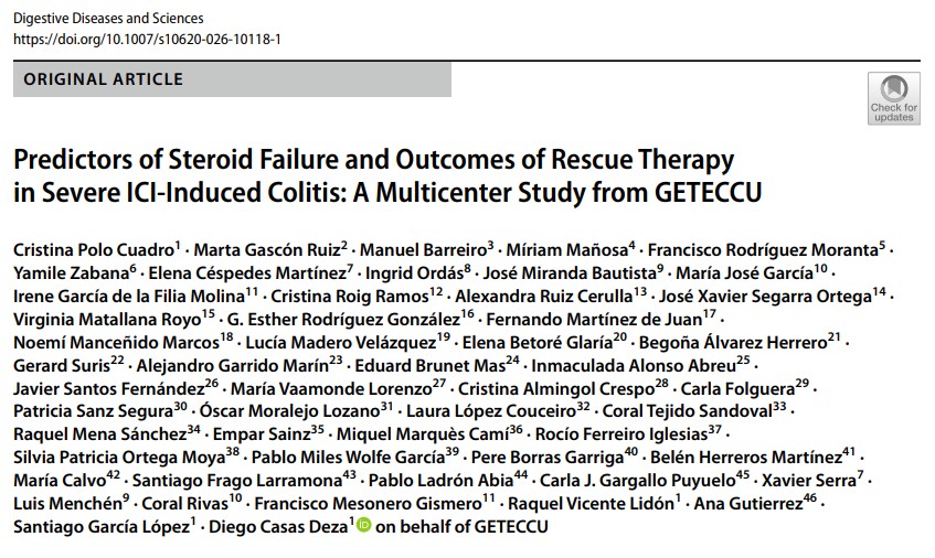 DiegoCasas8's tweet photo. 🧵 New multicenter study (@GETECCU, 211 patients, 43 Spanish hospitals) on severe immune checkpoint inhibitor colitis (IMC), just out in @DDS_Journal.

Only 50.2% of patients responded to IV corticosteroids. What predicts failure? 👇 https://t.co/Gblir5cmw7