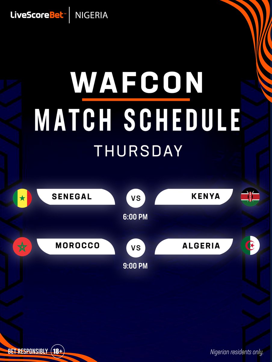 LivescorebetNG's tweet photo. 🔥 WAFCON heat incoming!

Who takes the points: 
Senegal 🇸🇳 or Kenya 🇰🇪? 
Morocco 🇲🇦 or Algeria 🇩🇿?

👉 Back your picks now on LiveScore Bet!

⚠️ Nigerian residents only. 🔞
 #18+ #PlayResponsibly #wafcon #wafcon2026 https://t.co/OVmSSxk5kM