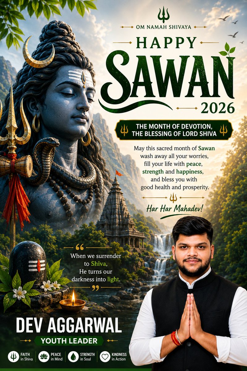DevAggarwal0100's tweet photo. May the divine blessings of Lord Shiva inspire us to walk the path of truth, compassion, and selfless service. Wishing everyone a peaceful, prosperous, and blessed Sawan 2026. Har Har Mahadev! 🔱🕉️🙏 https://t.co/wVqwUrHpH3