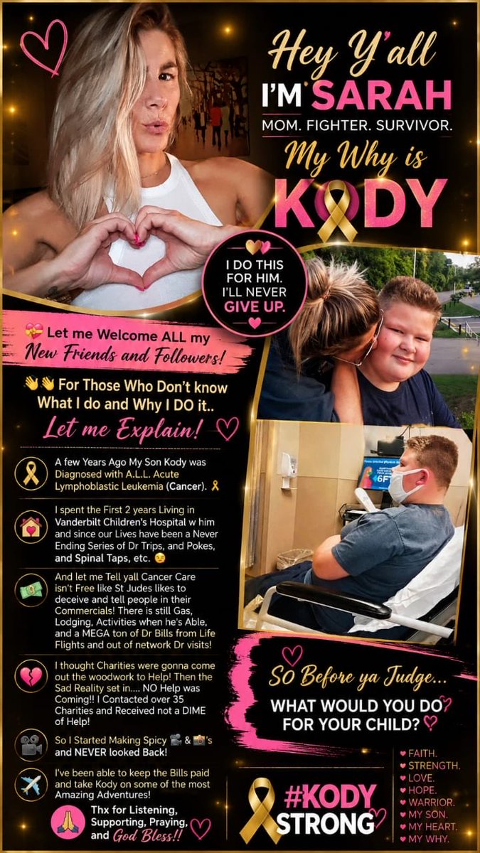sarahkmarshall1's tweet photo. 💘 Welcome to all my new followers and friends! 👋✨
I’m starting fresh here on X, so I wanted to take a moment to introduce myself and share a little about my story.
For those who don’t know me or what I do and why I do it, here’s my journey…
A few years ago, my son Kody was diagnosed with A.L.L. (Acute Lymphoblastic Leukemia) 🎗️. Since then, our lives have been filled with countless hospital visits, treatments, doctor appointments, procedures, and challenges that no parent ever expects to face.
For the first two years, I spent much of my time at Vanderbilt Children’s Hospital with him, fighting alongside him every step of the way. Even after those intense years, our journey continues with ongoing medical trips, treatments, and the many unexpected expenses that come with caring for a child battling cancer.
Many people don’t realize that even with support systems in place, there are still so many costs families face, transportation, gas, lodging, meals, medical expenses, and bills from specialists and emergency care. I reached out to numerous organizations hoping for assistance, but unfortunately, help didn’t come the way I expected.
So I found my own way to keep moving forward. I started creating content to help support Kody’s care, keep our bills covered, and give him opportunities to experience happiness and make memories despite everything he has been through.
Before anyone judges, I hope they remember this: when it comes to your child, you do whatever you can to keep fighting. ❤️
Thank you to everyone who has shown kindness, support, prayers, and encouragement along the way. Your love means more than you know.
God bless. 🥰
#FCancer #CancerSucks #MomOnAMission #KodyStrong #Remission