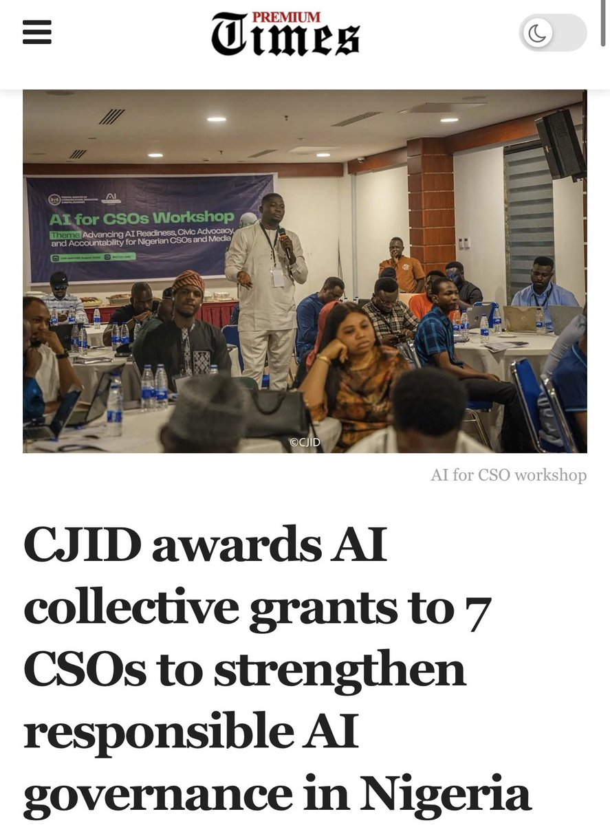 CJIDAfrica's tweet photo. Press Release📢

Following the success of the group-based civil society organisation (CSO) advocacy engagement, the Centre for Journalism Innovation and Development (@CJIDAfrica) has selected seven CSOs for a new round of AI advocacy grants under the Nigeria AI Collective.  

The grants will enable each organisation to implement advocacy projects designed around its institutional expertise, target communities, and priority areas within Nigeria’s emerging AI ecosystem.  

The projects are expected to contribute to public understanding of AI, responsible technology adoption, digital inclusion, citizen engagement, information integrity, policy awareness, and greater accountability in the development and deployment of AI systems.  

The participating organisations will also document lessons from implementation and share their experiences with the wider Community of Practice to support continued learning and replication.  

Read the full press release here: https://t.co/FE18qgXuX3

@aicollectiveng @TechHerNG @CFfDisability @AFFoundationng @NestAfricaAI @Webfalainitiat1 @Africmil @Dataphytefdn