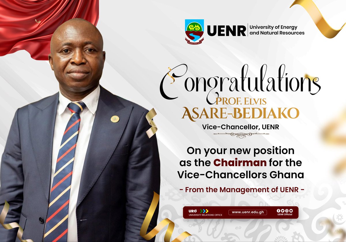 uenrofficial's tweet photo. The University of Energy and Natural Resources is thrilled to announce that our very own Vice-Chancellor, Prof. Elvis Asare-Bediako, has been appointed as the Chairman for Vice-Chancellors Ghana. Congratulations!
#Uenr #Uenrishome https://t.co/uI1qGtBYwS