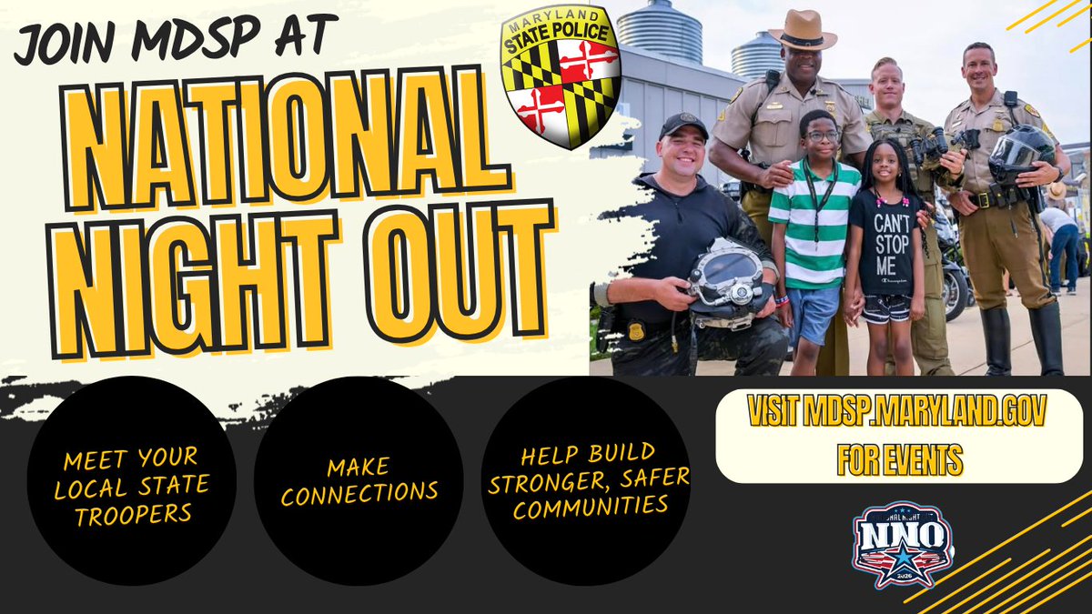 MDSP's tweet photo. .@MDSP is excited to join communities across the state for National Night Out 2026 on Tuesday, August 4. We will be participating in more than 60 events across #Maryland. 

To find an event in your area: https://t.co/CB4ZBxAqYV https://t.co/5tutRg1gFF