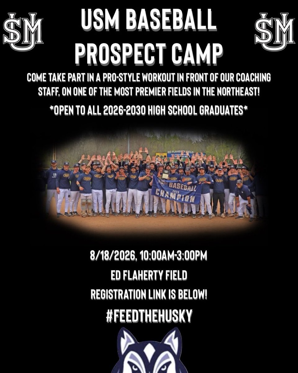 CoachSyl21's tweet photo. Want to be a Husky? 

Join us this August at Ed Flaherty Field and showcase your skills in front of the entire USM Baseball coaching staff. #FeedTheHusky

https://t.co/D2QTSkthRy https://t.co/iKqNJYyNgk