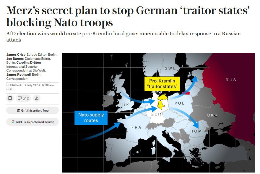 Maks_NAFO_FELLA's tweet photo. 🇩🇪 Germany is reportedly drawing up secret plans to stop pro-Kremlin "traitor states" from blocking NATO troop movements in the event of a Russian attack, - The Telegraph 

Chancellor Friedrich Merz's government fears the far-right AfD could win control of eastern states such as Saxony-Anhalt or Mecklenburg-Western Pomerania, allowing regional governments to delay military deployments through permits, policing, and bureaucratic obstruction.

Officials are reportedly exploring legal ways to override state governments during a national security crisis while staying within Germany's constitution.