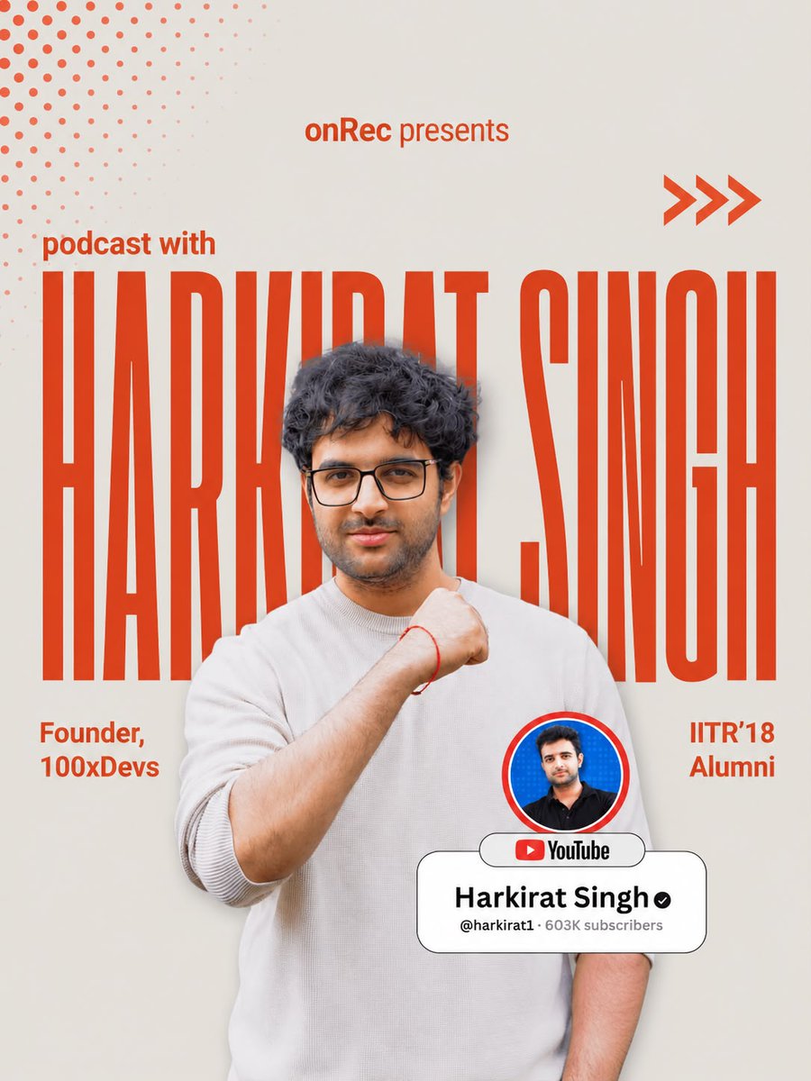 onRec_iitr's tweet photo. Why would someone leave Goldman Sachs to teach coding on YouTube?

We sat down with @kirat_tw to find out. IIT Roorkee grad, ex-Goldman, now the guy behind 100xDevs, one of India's biggest developer communities.

🎙️ Full episode out now
https://t.co/gYoTLejMfk https://t.co/Y4QWKIU0k6