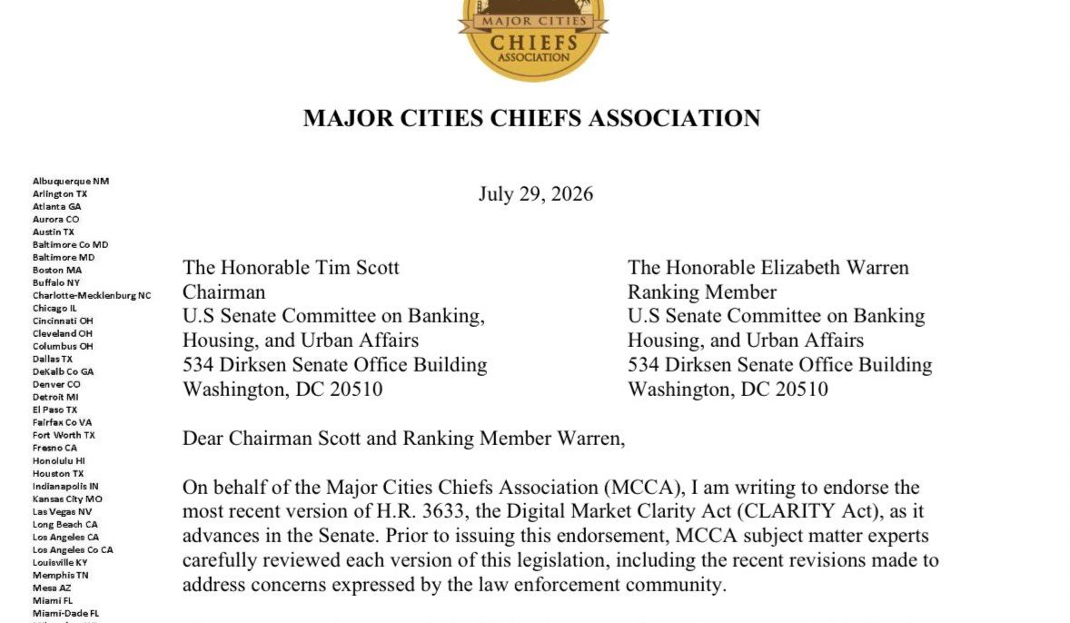 BitcoinArchive's tweet photo. BREAKING: ANOTHER LAW ENFORCEMENT ASSOCIATION SUPPORTS THE CLARITY ACT 🚨

“The bill includes critical provisions to improve the ability to temporarily freeze suspicious transactions.”

— Major Cities Chiefs Association, representing police chiefs across the U.S. and Canada https://t.co/P9hHXjExiB