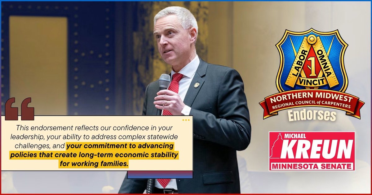 MichaelKreun's tweet photo. ๐จ๐จENDORSEMENT ALERT!๐จ๐จI have received the endorsement of the Northern Midwest Regional Council of Carpenters, which represents 36,000 skilled union members who build critical infrastructure, deliver complex projects, and help drive economic growth across the region! #mnleg https://t.co/y3tQZkgJ4D