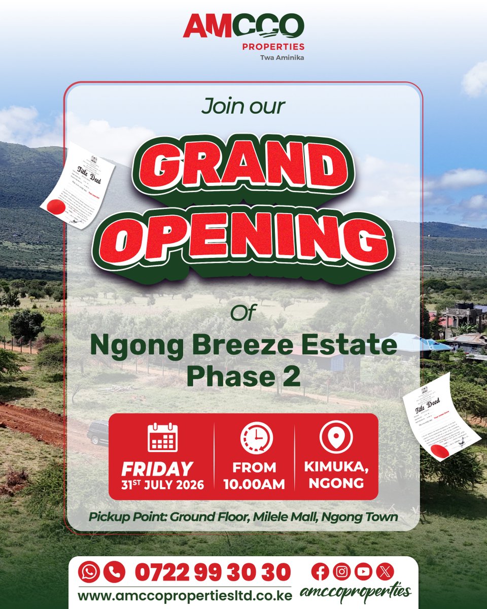AmccoProperties's tweet photo. You're invited. Join us for the Grand Opening of Ngong Breeze Estate Phase 2 this Friday, 31st July in Kimuka, Ngong from 10:00 AM.

Pickup Point: Ground Floor, Milele Mall, Ngong Town 
Get in touch with us today via: https://t.co/gYseugSNix

#plotsinkimuka #plotsforsale #newproject #amccoproperties #readytitledeeds